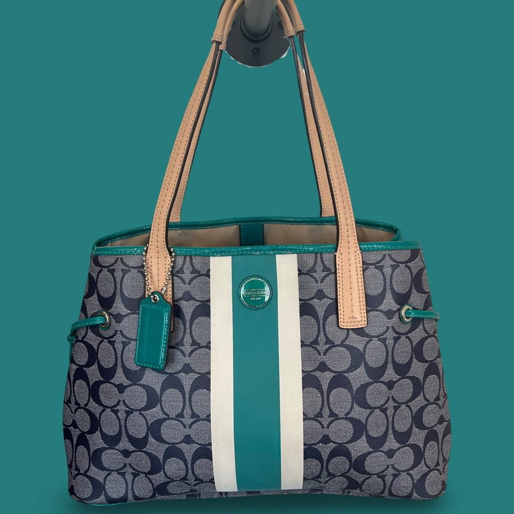 Coach Shoulder Bag - Silver, Navy & Bright Jade, Great Condition